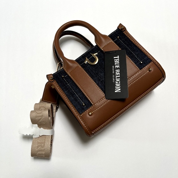 NWT Original TRUE RELIGION Dark Denim Horseshoe Mini Tote Crossbody Bag Studded - Picture 4 of 11